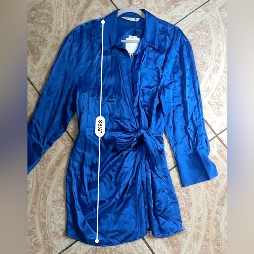 Zara Blue Wrap Around Long Sleeve Dress with Elegant Draping - Picture 6 of 11